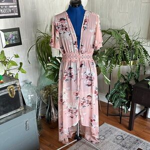 Fashion Nova Pink Floral Lace Trim Robe